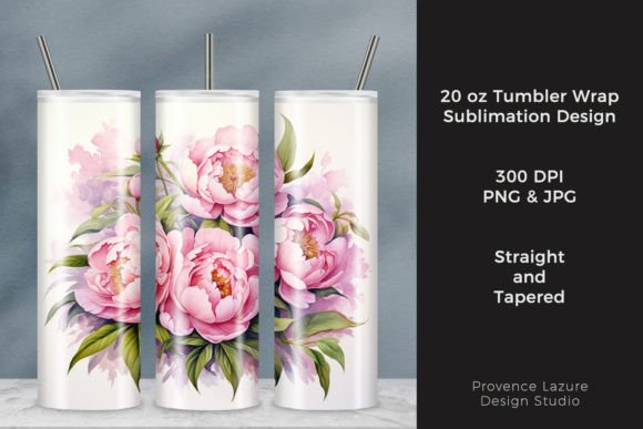 Watercolor Pink Peony Tumbler Wrap Graphics